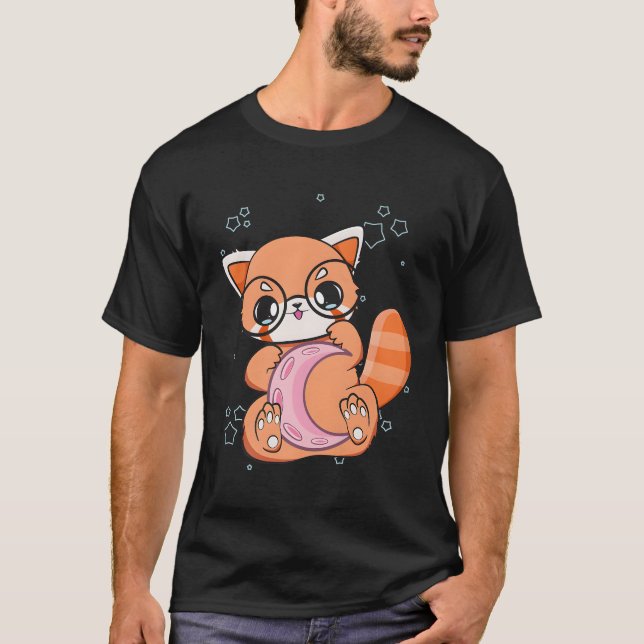 Kawaii Pastel Goth Red Panda Chibi Anime Måne T Shirt (Framsida)