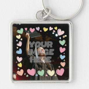 Kawaii Pastel Hearts Photo Gräns Anpassade Fyrkantig Silverfärgad Nyckelring