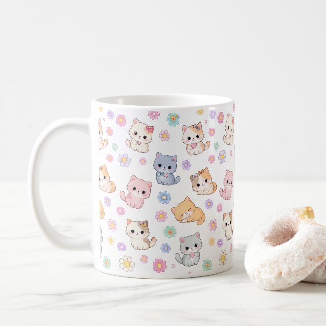 Kawaii Pastel Kittens and Flowers Pattern Mug Kaffemugg (Med munk)