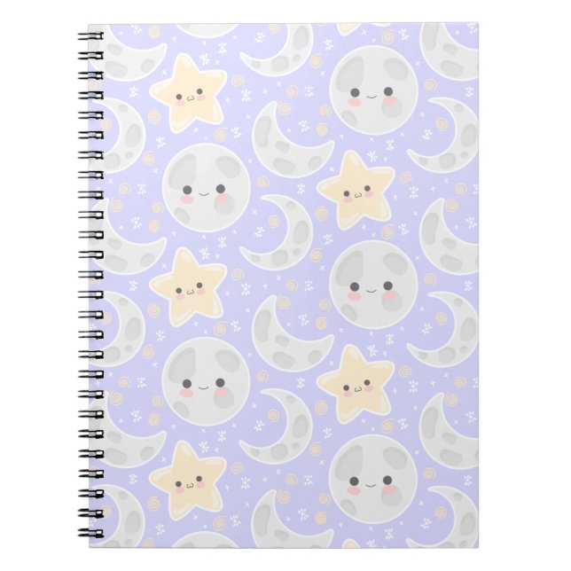Kawaii Pastel Måne Star Lilac Mönster Anteckningsbok (Framsidan)