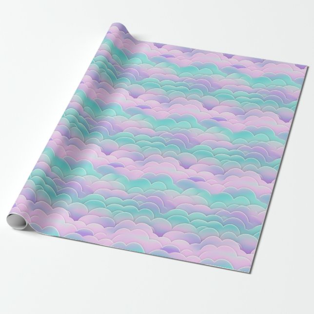 Kawaii Pastel Rosa Blue Clouds Uppätande Mönster Presentpapper (Utrullad)