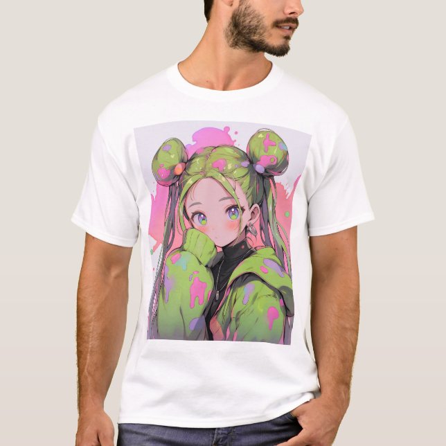 Kawaii Pastel Splatter Anime Girl T Shirt (Framsida)