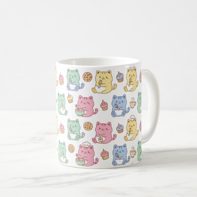 Kawaii Pastell Bakande Katter Mönster Kaffemugg (Framsida höger)