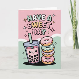 Kawaii Pastell Boba Tea och Donuts Söt Födelsedag Kort