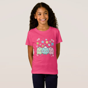 Kawaii Pastell Fluffiga Vänner & Stjärnor Rosa Gra T Shirt