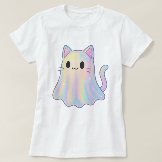 Kawaii Pastell Regnbåge Katt Spöke | Kuslig Esteti T Shirt (Design framsida)