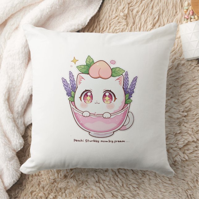 Kawaii Peach Cat i Lavender Tekopp Dekorativ kudde (Filt)