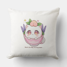 Kawaii Peach Cat i Lavender Tekopp Dekorativ kudde