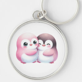 Kawaii Penguin Hug Keychain Rund Silverfärgad Nyckelring