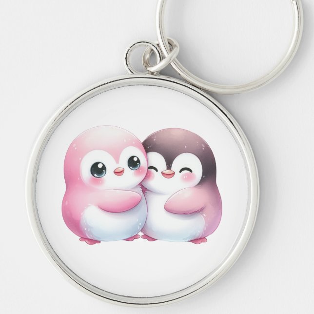 Kawaii Penguin Hug Keychain Rund Silverfärgad Nyckelring (Framsidan)