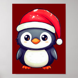 Kawaii Penguin Wearing a Mysigt Santa Hat i Julaft Poster