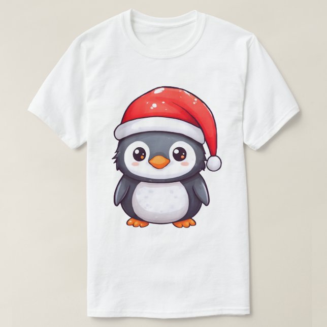 Kawaii Penguin Wearing a Mysigt Santa Hat i Julaft T Shirt (Design framsida)