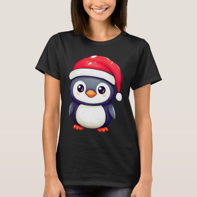 Kawaii Penguin Wearing a Mysigt Santa Hat i Julaft T Shirt (Framsida)
