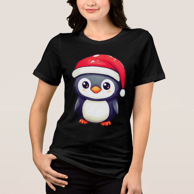 Kawaii Penguin Wearing a Mysigt Santa Hat i Julaft T Shirt (Framsida)