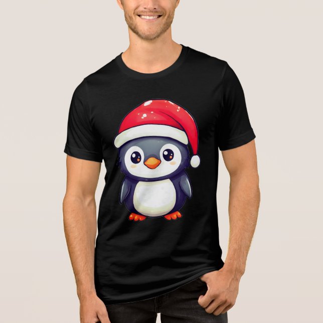 Kawaii Penguin Wearing a Mysigt Santa Hat i Julaft T Shirt (Framsida)