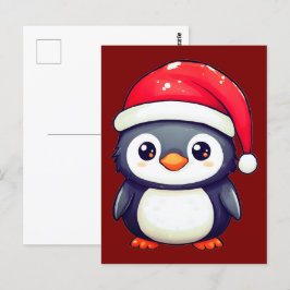 Kawaii Penguin Wearing a Mysigt Santa Hat i Julaft Vykort