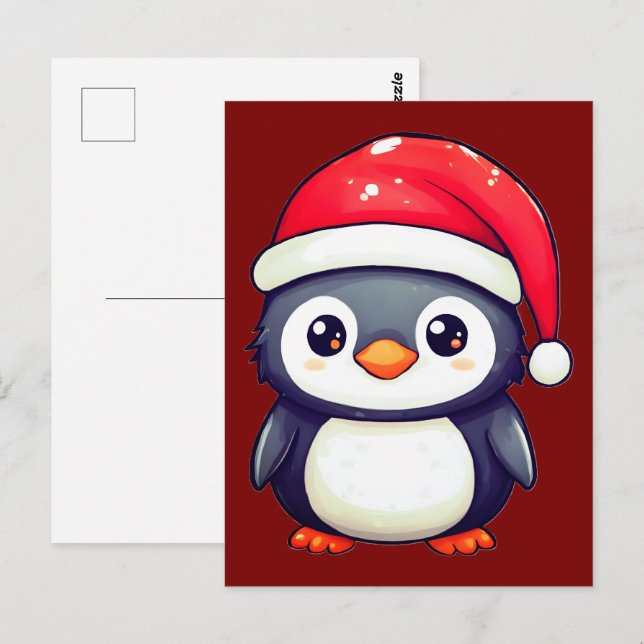 Kawaii Penguin Wearing a Mysigt Santa Hat i Julaft Vykort (Fram/baksida)