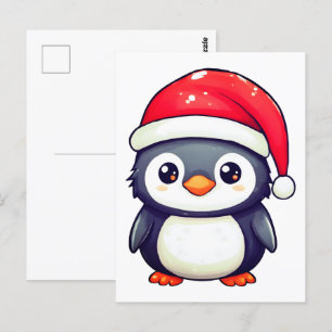 Kawaii Penguin Wearing a Mysigt Santa Hat i Julaft Vykort
