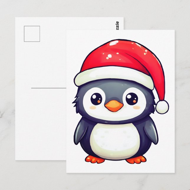 Kawaii Penguin Wearing a Mysigt Santa Hat i Julaft Vykort (Fram/baksida)