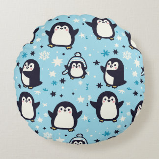 Kawaii Penguins with Winter Snöflingor Seamless Rund Kudde