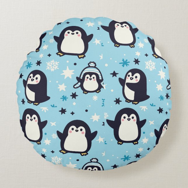 Kawaii Penguins with Winter Snöflingor Seamless Rund Kudde (Framsidan)