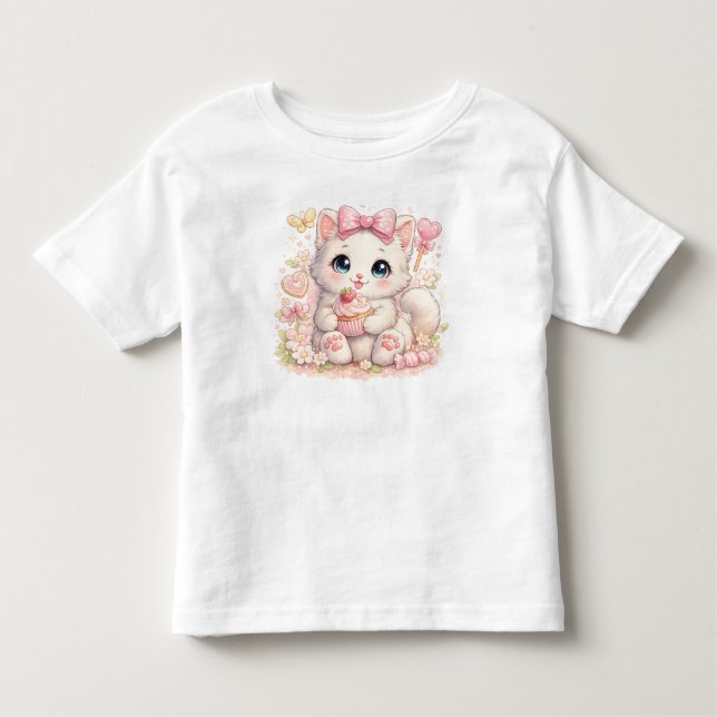 – Kawaii Pink Cat Graphic Tee for Girls & Boys (Framsida)