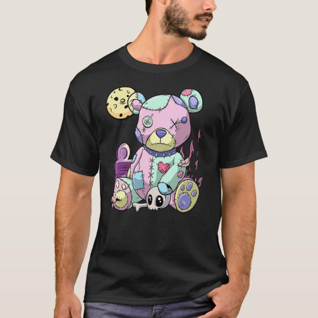 Kawaii Pink Pastel Goth Cute Creepy Teddy Bear Ani T Shirt (Framsida)