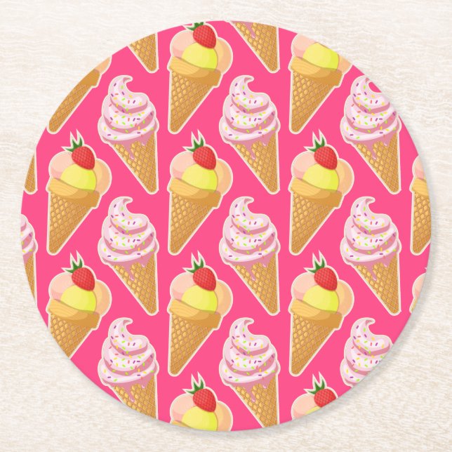 Kawaii pink pattern with strawberry ice cream  underlägg papper rund (Framsidan)
