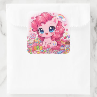 Kawaii Pink Pony Chibi Art – Sweet Candy & Cupcake Fyrkantigt Klistermärke