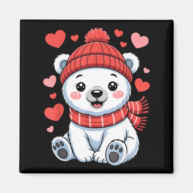 Kawaii Polar Bear Valentines Day Hearts Scarf Bean Magnet (Framsidan)