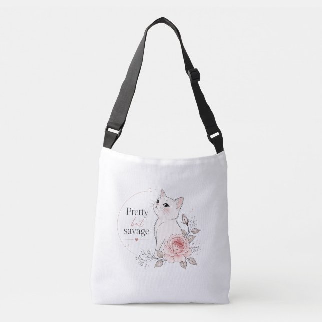 Kawaii "Pretty but Savage" Katt Blommig Handväsk Axelväska (Framsida)