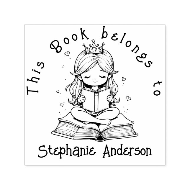 Kawaii Princess Bok Reading Krona Hearts Bibliotek Självfärgande Stämpel (Design)
