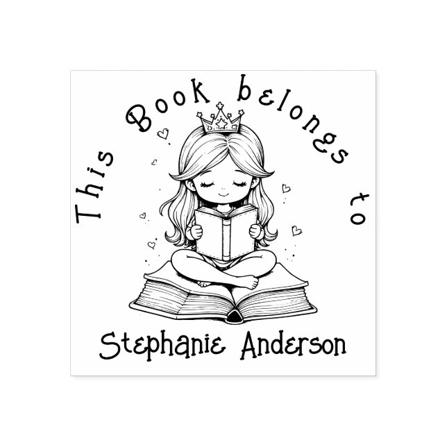 Kawaii Princess Bok Reading Krona Hearts Bibliotek Stämpel (Tryck)