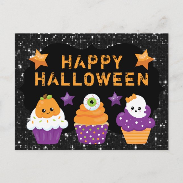 Kawaii Pumpkin Eyeball Ghost Muffinss Halloween Vykort (Framsida)