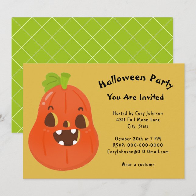 Kawaii Pumpkin Halloween Jack o'Lantern Party Inv Inbjudningar (Fram/baksida)