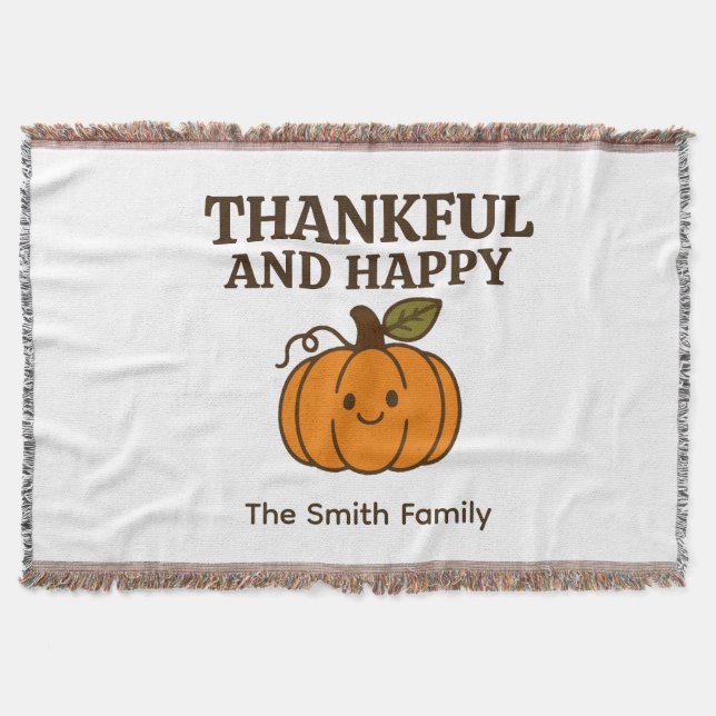 Kawaii Pumpkin Thankful & Lycklig Family Namn Filt (Framsidan)