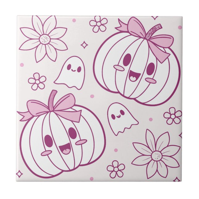 Kawaii Pumpkins, Spöken & Flowers Kakelplatta (Framsidan)