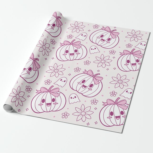 Kawaii Pumpkins, Spöken & Flowers Presentpapper (Utrullad)