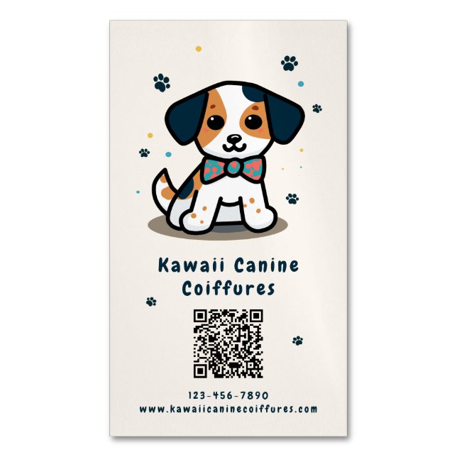 Kawaii puppy qr-kodgrooming för hund magnetiska visitkort (Framsida vertikal)