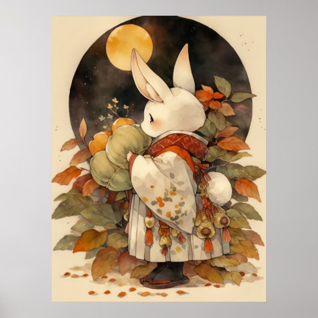 Kawaii Rabbit Girl hängde ut mitt på hösten Poster (Framsidan)