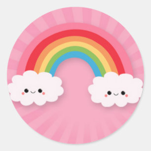 Kawaii Rainbow and Clouds on Rosa Starburst Runt Klistermärke
