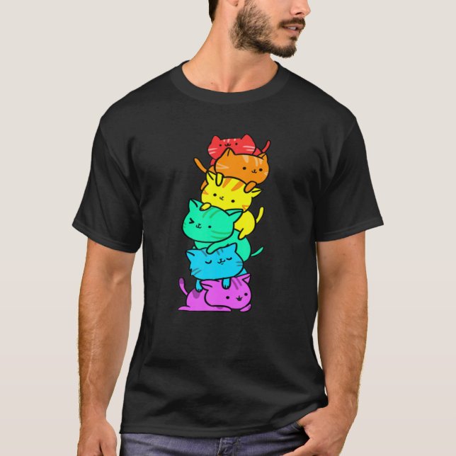 Kawaii Rainbow Cat Pile For LGBT Gift For Cat Love T Shirt (Framsida)