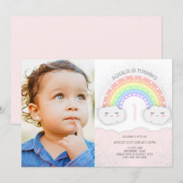 Kawaii Rainbow & Clouds Girl Birthday Photo Inbjudningar