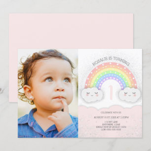 Kawaii Rainbow & Clouds Girl Birthday Photo Inbjudningar
