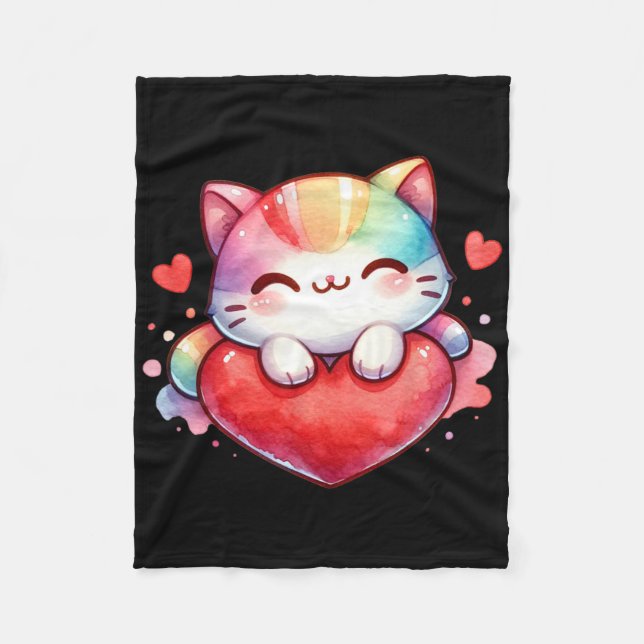 Kawaii Rainbow Cute Cat Hugging Heart Kitty Love C Fleecefilt (Framsidan)