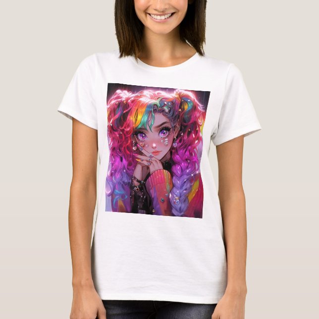 Kawaii Rainbow Hair Braids Anime Girl T Shirt (Framsida)