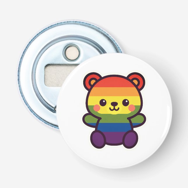 Kawaii Rainbow Teddy - A Cute LGBTQ+ Pride Plush Flasköppnare (Framsidan)