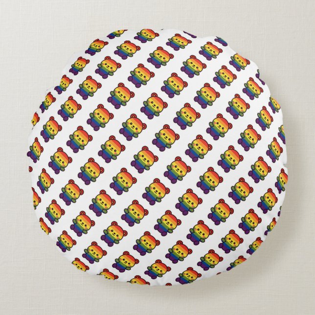 Kawaii Rainbow Teddy - A Cute LGBTQ+ Pride Plush Rund Kudde (Framsidan)