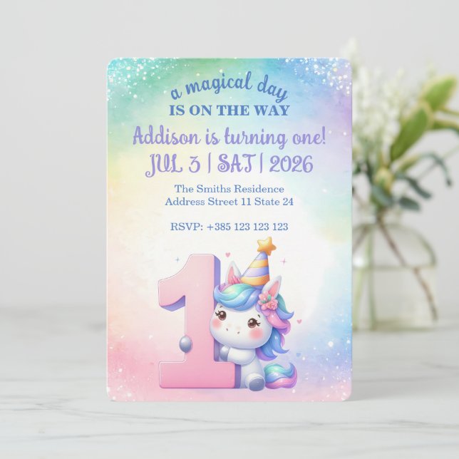 Kawaii Rainbow Unicorn 1:a födelsedagen Party Inbjudningar (Stående Fram)