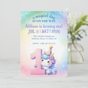 Kawaii Rainbow Unicorn 1:a födelsedagen Party Inbjudningar